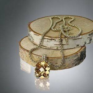 A champagne colored CZ  pendant paired with beautiful sturdy gold chain necklace